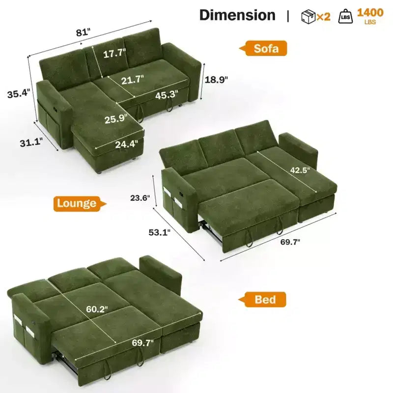 Divano letto estraibile 2 in 1 con chaise longue contenitore, divano sezionale in ciniglia con porte USB per soggiorno
