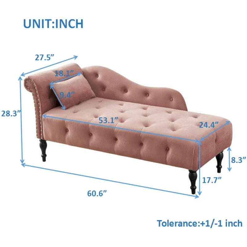 Moderna Chaise Longue da 60.6" in Velluto Imbottito con Bottoni Capitonnè, Gambe in Legno Massello e Borchie