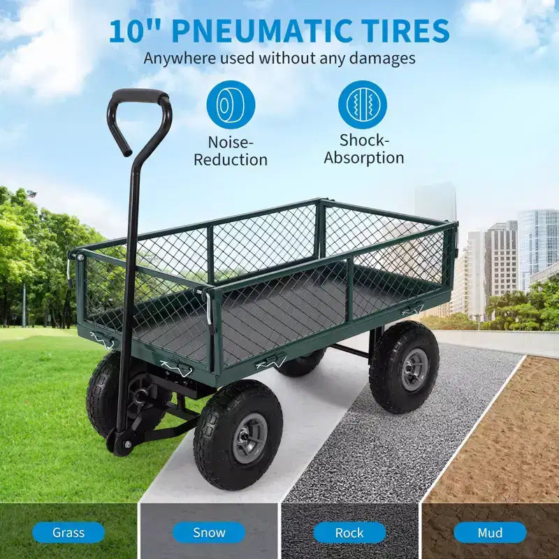 Carretto da giardino in acciaio per impieghi gravosi, 227 kg, Carretto multiuso pieghevole con lati in rete rimovibili e rivestimento, Pneumatici da 10 pollici, Maniglia di traino