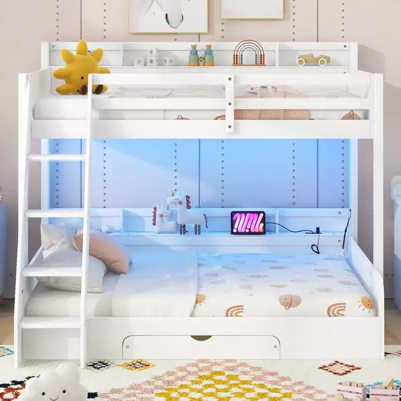 Letto a castello singolo su piazza e mezza con contenitore, luci LED e stazione di ricarica, letto a castello in legno con mensole laterali per bambini e ragazzi