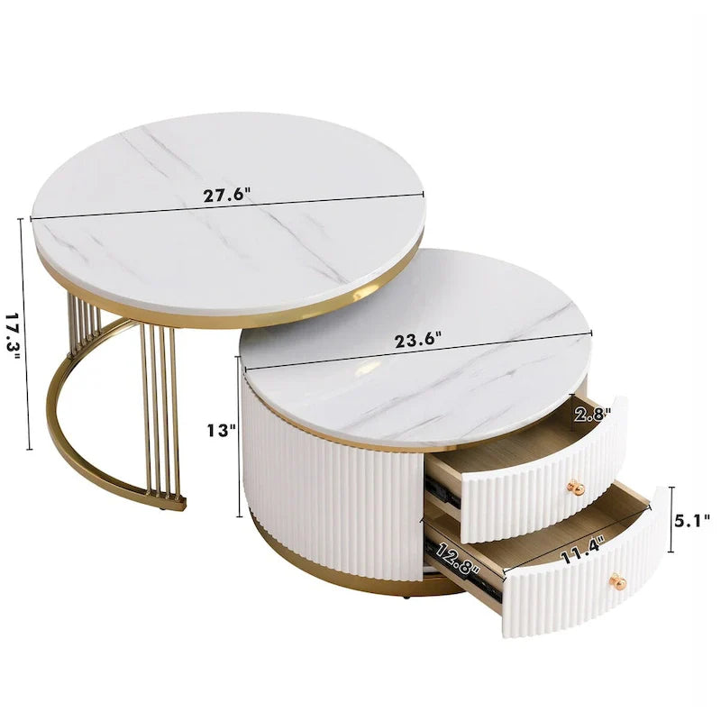 Tavolino da caffè rotondo impilabile con cassetti, 2 pezzi, colore: bianco