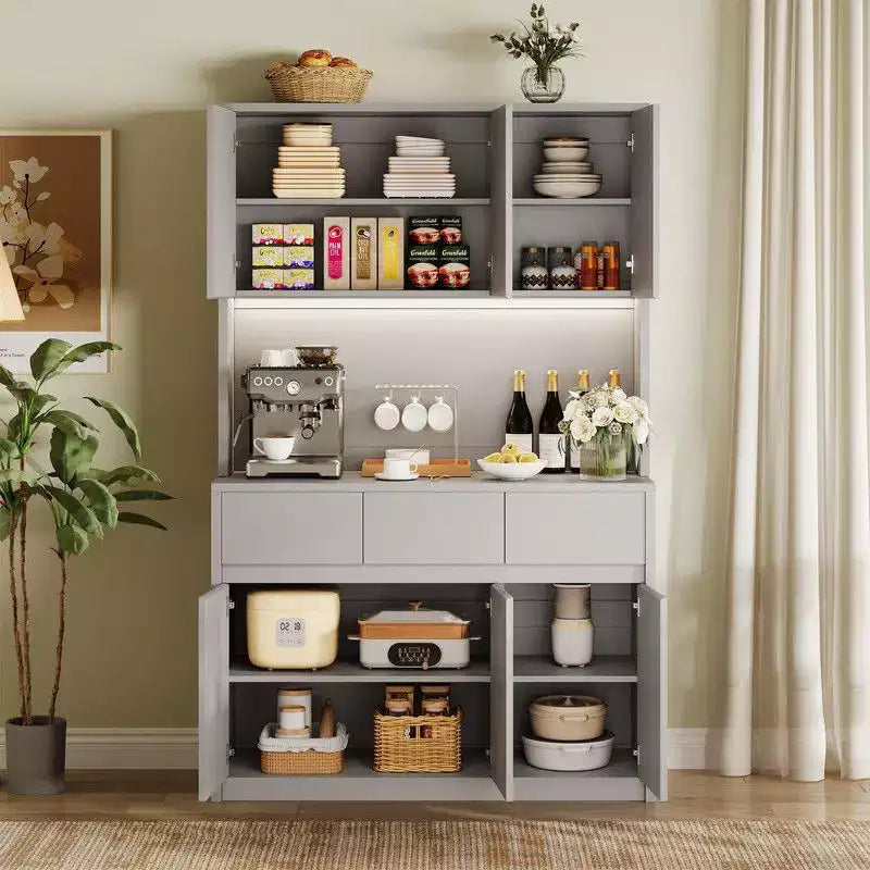 Mobile dispensa da cucina da 71 pollici, mobile credenza con luci a LED e prese di corrente, mobile buffet con supporto per microonde, ripiani regolabili