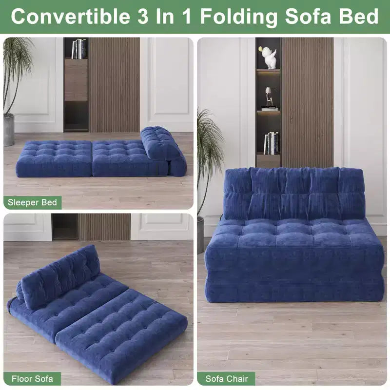 Divano Letto Futon Pieghevole in Velluto a Coste, Sedia Convertibile da Terra con Cuscino e Supporto per la Schiena