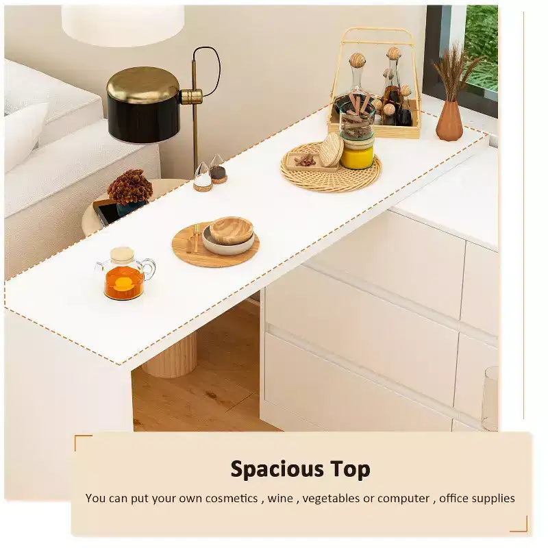 Credenza da buffet intelligente girevole/allungabile con 6 cassetti, piano d'appoggio esteso, tappetino antiscivolo, tavolo da pranzo girevole, isola per cucina/dispensa
