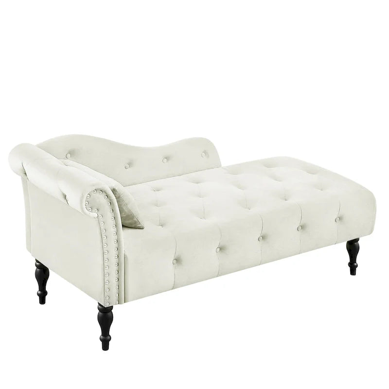 Moderna Chaise Longue da 60.6" in Velluto Imbottito con Bottoni Capitonnè, Gambe in Legno Massello e Borchie