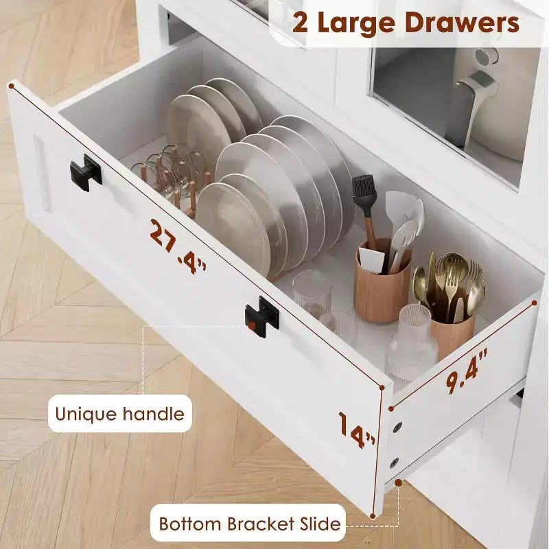 Mobile dispensa da cucina colonica con ante in vetro, armadio contenitore da 72 pollici con cassetti e ripiani regolabili per sala da pranzo, bagno, soggiorno