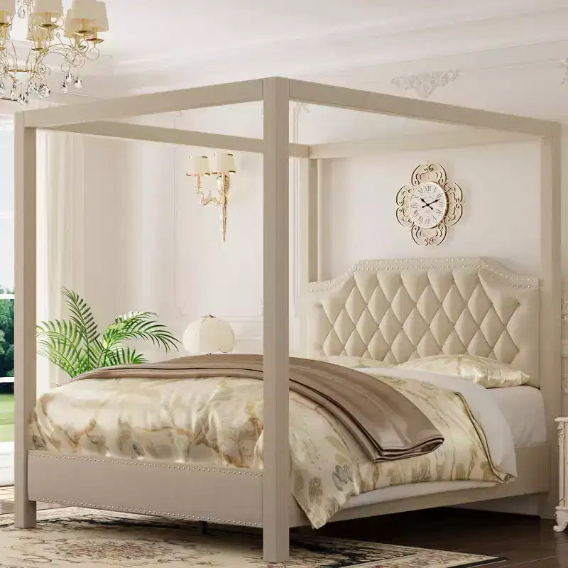 Struttura Letto a Baldacchino Queen Size con Pali a 4 Montanti, Supporto a Doghe in Legno Massello, Nessuna Rete a Molle Necessaria, Silenzioso
