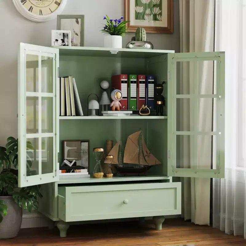 Mobiletti contenitori, mobiletto da terra in legno con 1 cassetto e 2 ante in vetro, credenza a buffet in stile rustico con spazio per riporre oggetti per il soggiorno