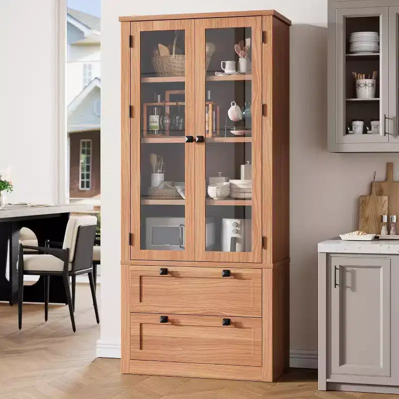 Mobile dispensa da cucina colonica con ante in vetro, armadio contenitore da 72 pollici con cassetti e ripiani regolabili per sala da pranzo, bagno, soggiorno