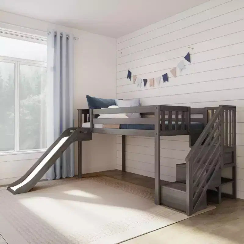 Letto a soppalco basso per bambini con scivolo e scale, legno massiccio, 14 sponde protettive, capacità 181 kg