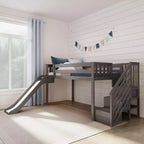 Letto a soppalco basso per bambini con scivolo e scale, legno massiccio, 14 sponde protettive, capacità 181 kg