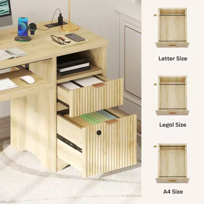 Bestier Scrivania per computer Smart 55", Scrivania in rovere con cassetti per documenti e presa di corrente, Scrivania direzionale con scomparti aperti e vassoio per tastiera