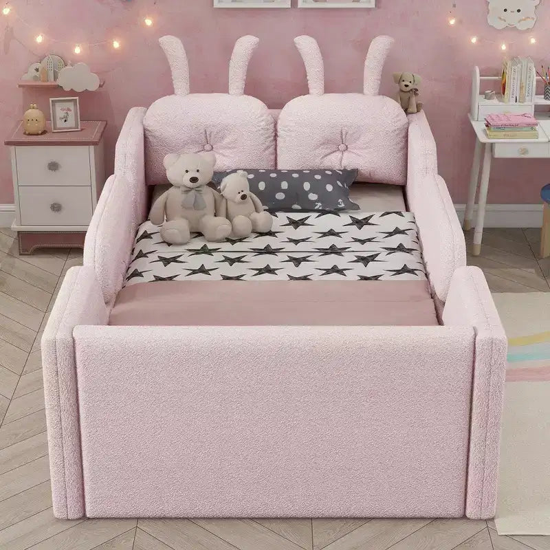 Letto a piattaforma Whisen Twin, struttura letto imbottita per bambini con cuscino a coniglio, sponde laterali rimovibili