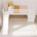 Letto a soppalco basso per bambini con scivolo e scale, legno massiccio, 14 sponde protettive, capacità 181 kg
