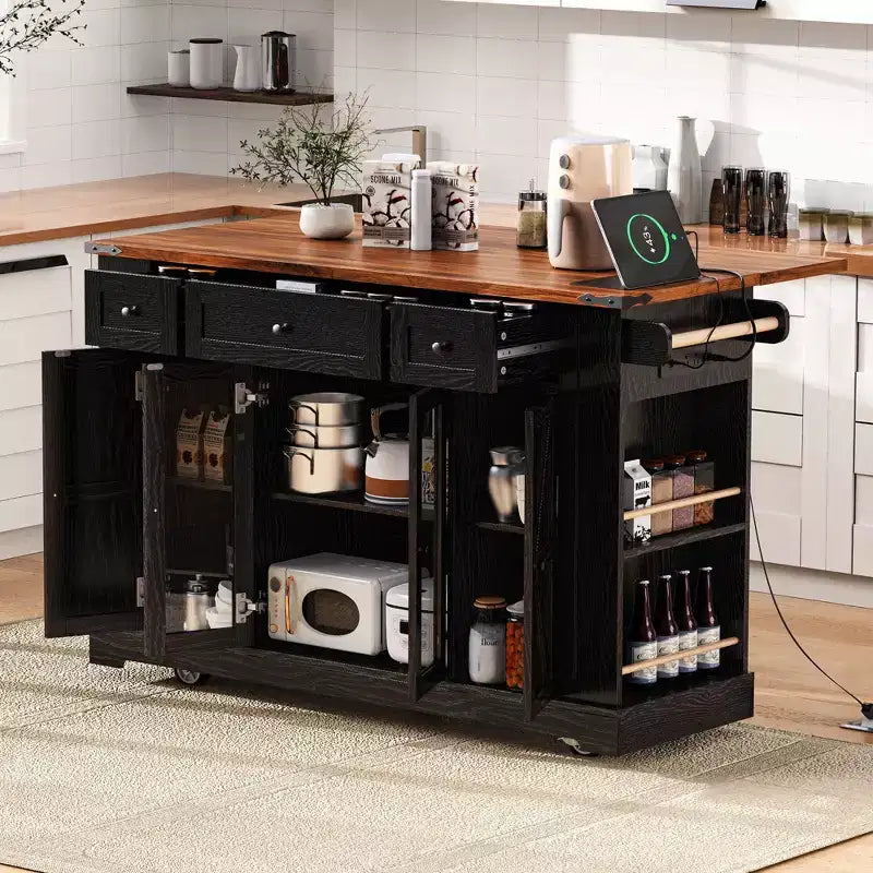 Carrello da Cucina con Ante in Vetro Temperato, Ripiani Laterali, Presa di Corrente e Piano Ribaltabile
