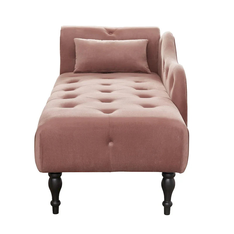 Moderna Chaise Longue da 60.6" in Velluto Imbottito con Bottoni Capitonnè, Gambe in Legno Massello e Borchie