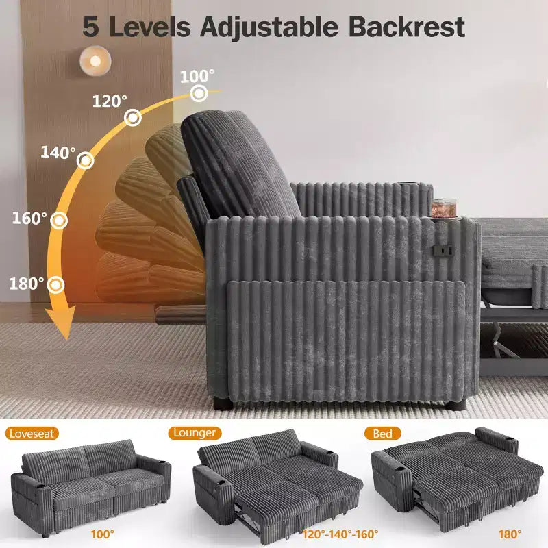 Divano letto componibile Dyonery 91 con letto estraibile, schienale reclinabile/due letti estraibili/porte USB/portabicchieri, velluto a coste felpato