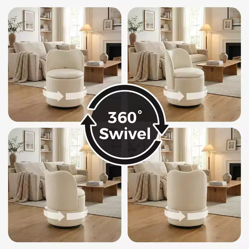 Sedia da toilette girevole con contenitore, Sgabello da trucco rotondo imbottito con schienale, Poltroncina a botte imbottita per camera da letto e soggiorno
