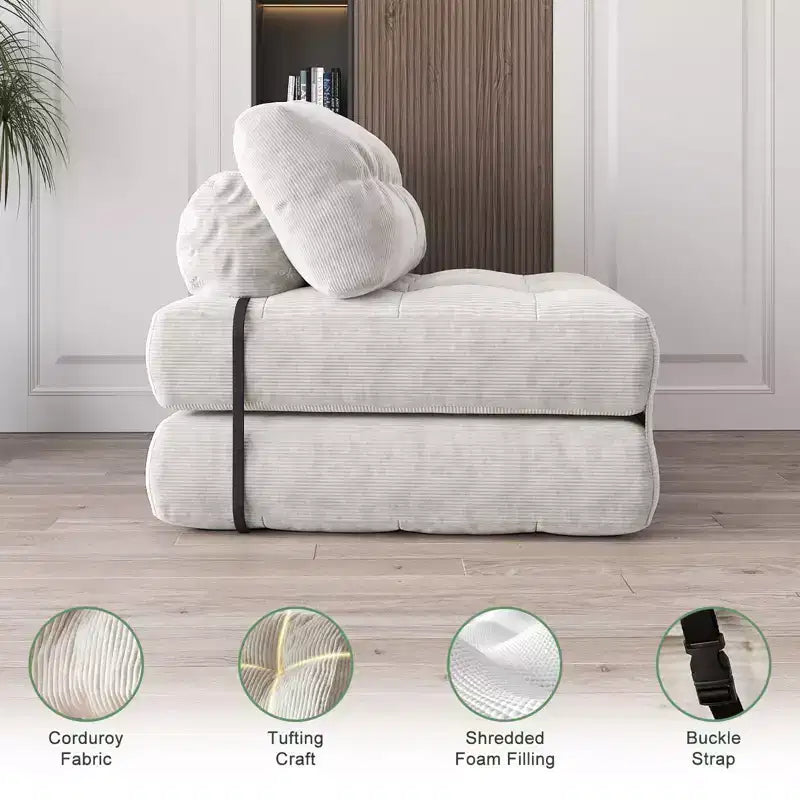 Divano Letto Futon Pieghevole in Velluto a Coste, Sedia Convertibile da Terra con Cuscino e Supporto per la Schiena