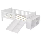 Whisen Letto a soppalco basso per bambini, una piazza e mezza, con scivolo, libreria mobile e sponde di sicurezza
