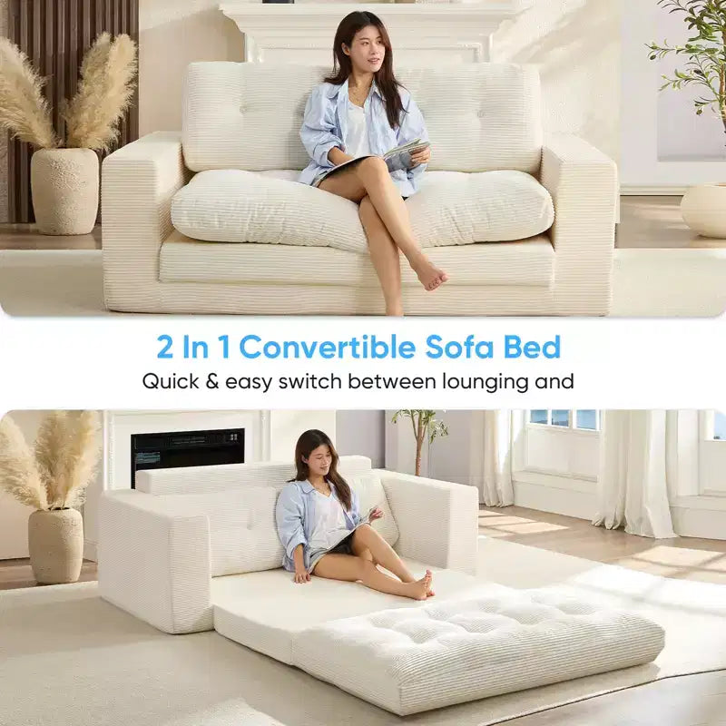 Mjkone Divano Letto Futon Convertibile 2-in-1 da 180 cm, in Tessuto a Coste, Pieghevole con Bottoni Trapuntati, Salvaspazio