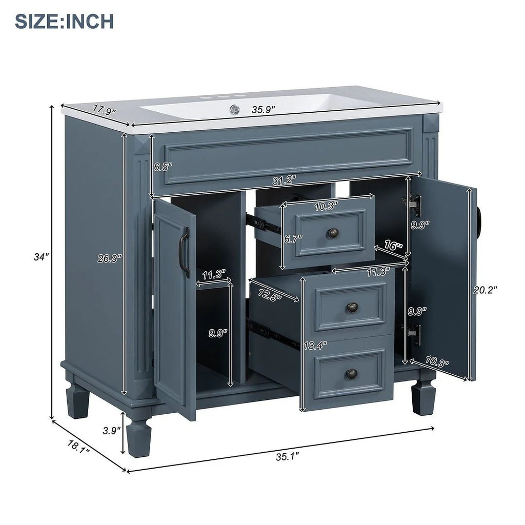 Mobile bagno moderno da 90 cm con lavabo integrato e specchiera, 2 ante e 2 cassetti