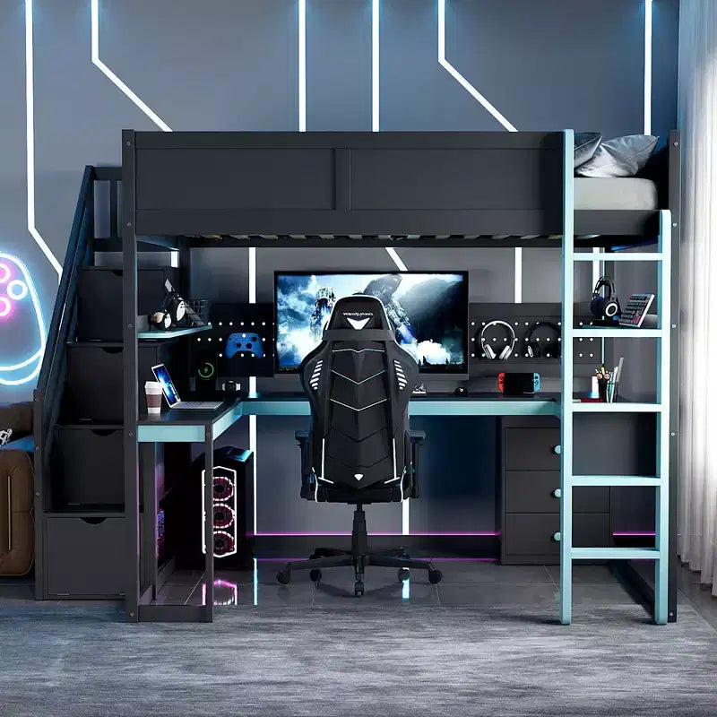 Letto a soppalco da gaming in legno Scott di GDFStudio con scale contenitore, scrivania, mensole e pannello forato