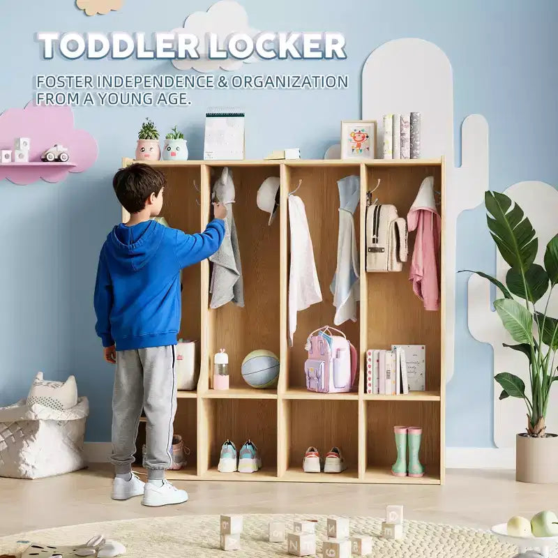 Armadietto a 4 scomparti marrone/bianco con 8 ganci, per bambini