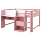 Letto a soppalco basso rosa/bianco con scrivania, contenitore e lavagna bianca - Singolo, 1 persona