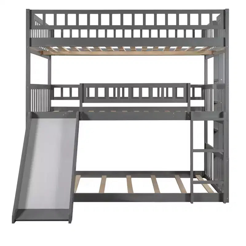 Letto a castello triplo Full Over Full con scaletta convertibile e scivolo, letto triplo con ringhiere di protezione, bianco/grigio/espresso - ModernLuxe