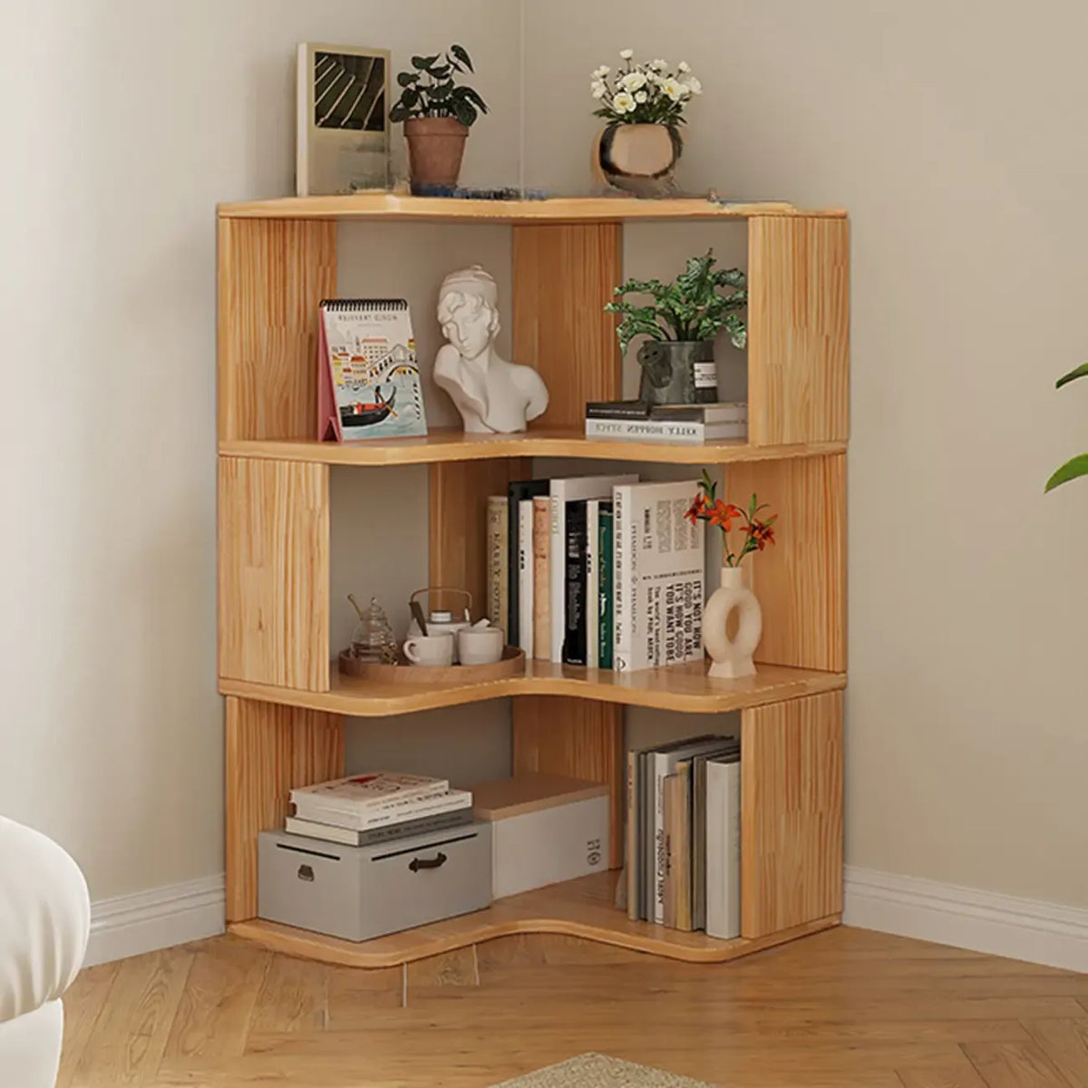 Libreria a giorno verticale a L in legno finitura naturale