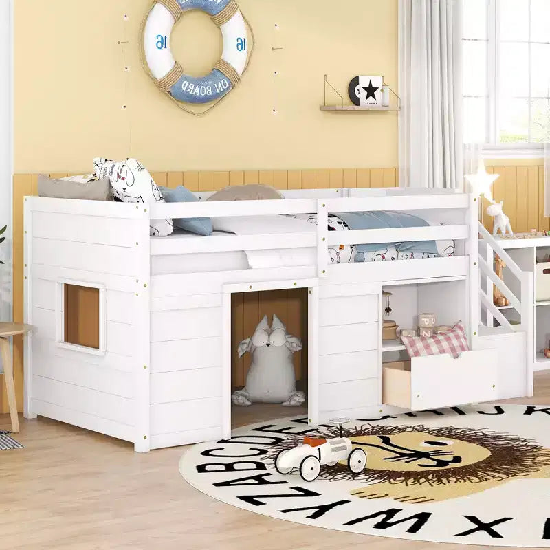 Letto a soppalco basso in legno massello, misura doppia, con scala, cassetto e mensola, 94.6L x 42.3W, design moderno e pulito