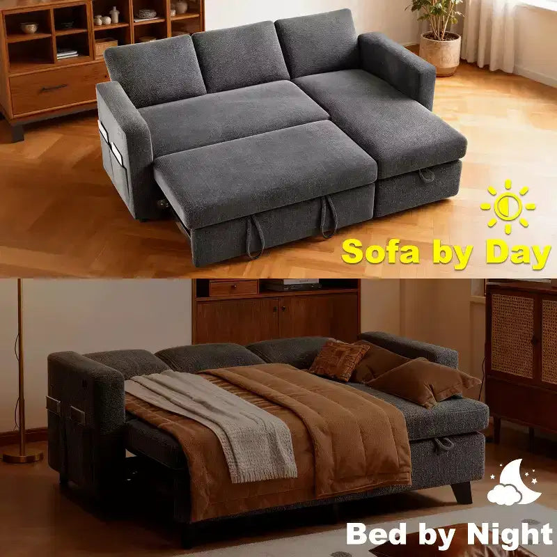 Dyonery Divano Letto Angolare 81, Divano Estraibile a L con Chaise Longue Reversibile con Contenitore, USB, Schienale Reclinabile