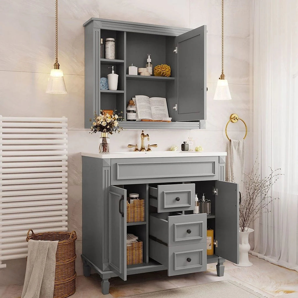 Mobile bagno moderno da 90 cm con lavabo integrato e specchiera, 2 ante e 2 cassetti