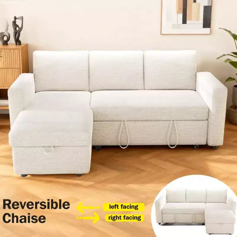 Divano letto estraibile 2 in 1 con chaise longue contenitore, divano sezionale in ciniglia con porte USB per soggiorno