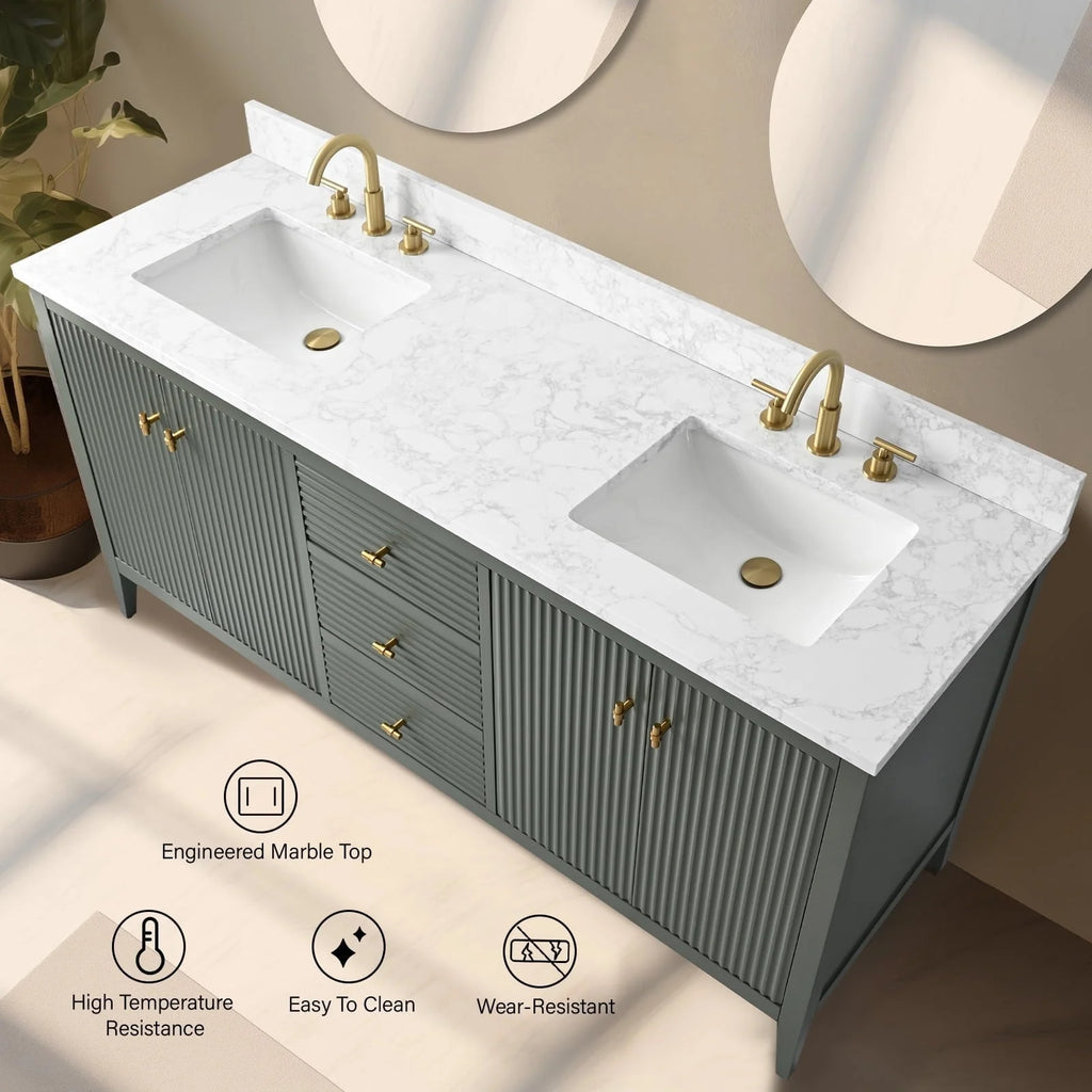 Mobile lavabo doppio Vanity Art 72 per bagno, con top in marmo tecnico