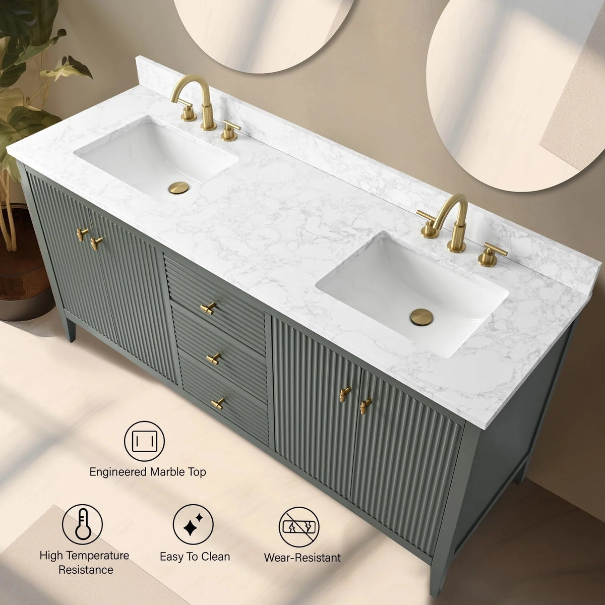Mobile lavabo doppio Vanity Art 72 per bagno, con top in marmo tecnico