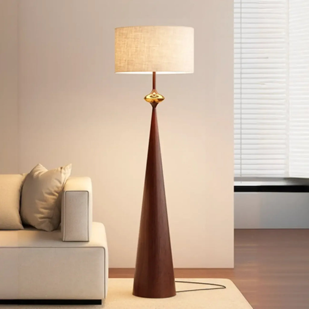 Lampada da terra contemporanea in metallo affusolato con paralume in tessuto
