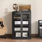 Bekrvio Mobiletto in Metallo, Mobile Stereo a 4 Livelli con Ante in Vetro e Ripiani Regolabili, Rack Audio AV con Gestione Cavi