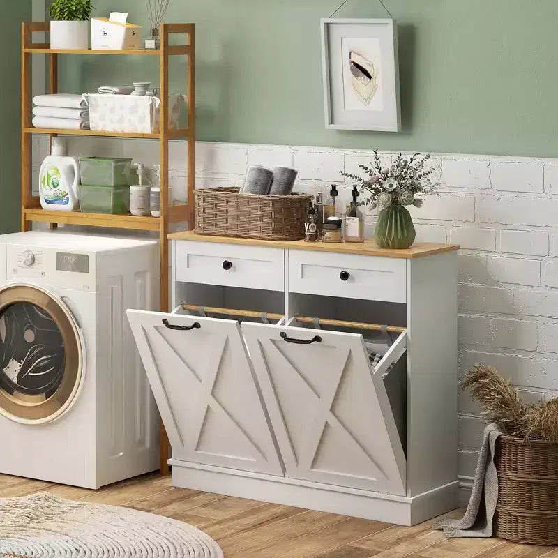HOMCOM Mobile Lavanderia Inclinabile Contenitore Bagno con 2 Cesti Rimovibili e 2 Cassetti