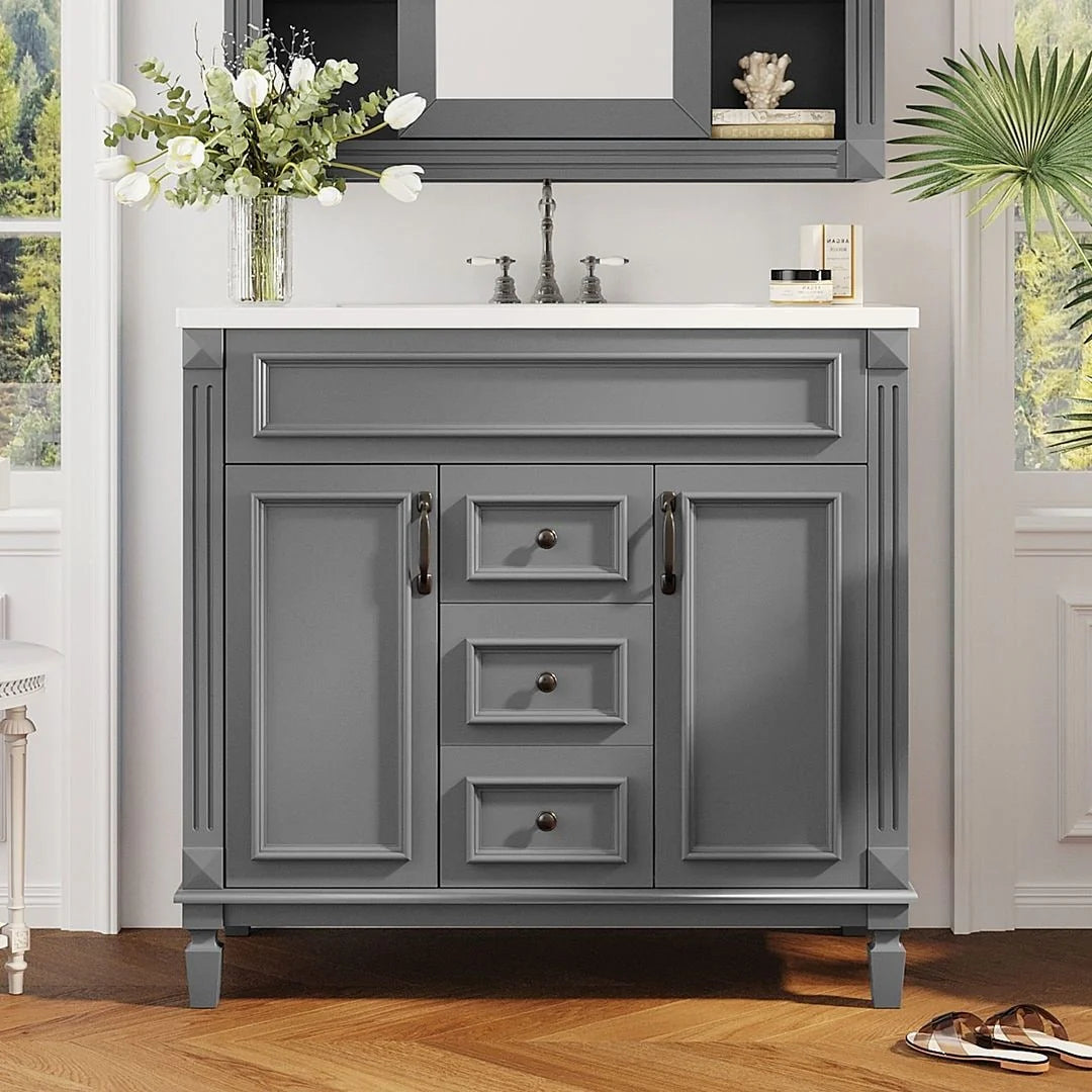 Mobile bagno moderno da 90 cm con lavabo integrato e specchiera, 2 ante e 2 cassetti
