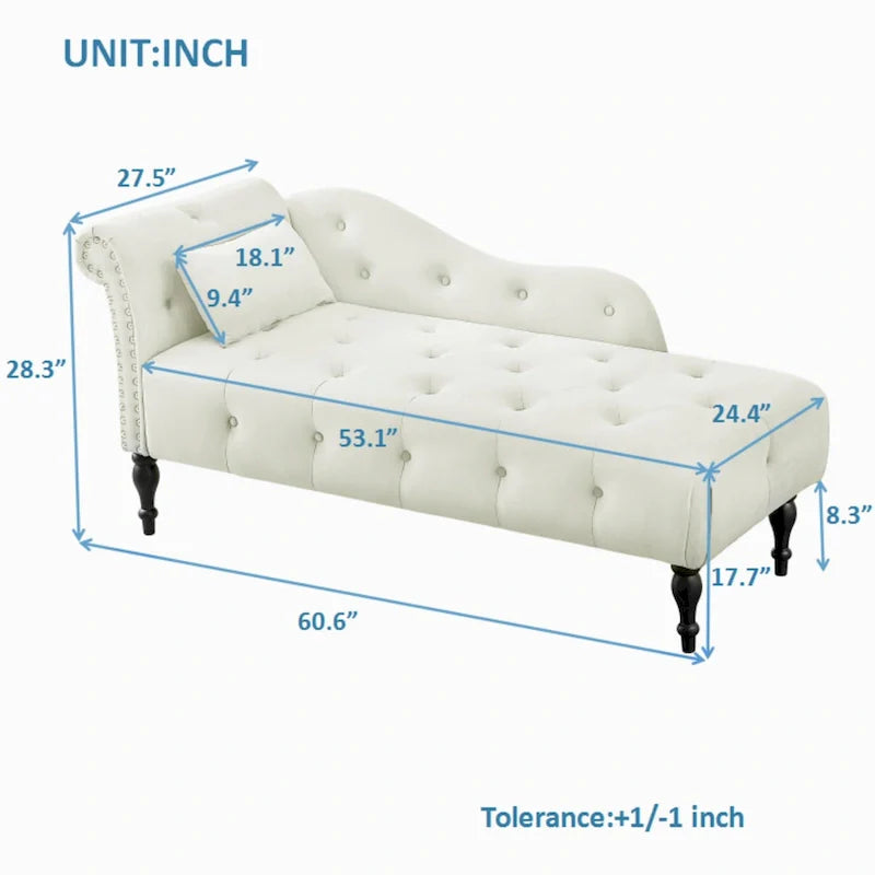 Moderna Chaise Longue da 60.6" in Velluto Imbottito con Bottoni Capitonnè, Gambe in Legno Massello e Borchie