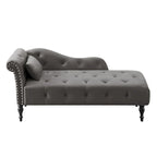 Moderna Chaise Longue da 60.6" in Velluto Imbottito con Bottoni Capitonnè, Gambe in Legno Massello e Borchie