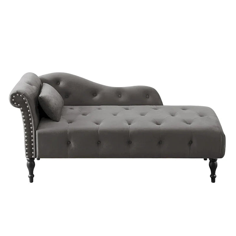 Moderna Chaise Longue da 60.6" in Velluto Imbottito con Bottoni Capitonnè, Gambe in Legno Massello e Borchie