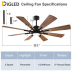 Ventilatore da soffitto con luci telecomandato e 8 grandi pale in legno