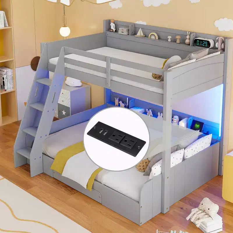 Letto a castello singolo su piazza e mezza con contenitore, luci LED e stazione di ricarica, letto a castello in legno con mensole laterali per bambini e ragazzi