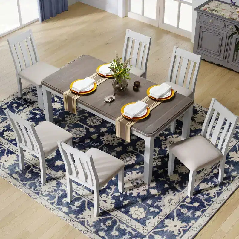 Ensemble de salle à manger extensible de style ferme pour 6 personnes, table rectangulaire et 6 chaises rembourrées