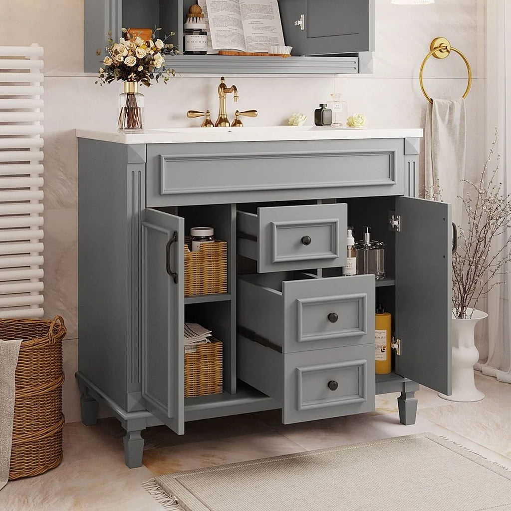 Mobile bagno moderno da 90 cm con lavabo integrato e specchiera, 2 ante e 2 cassetti