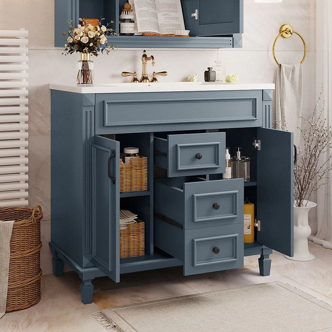Mobile bagno moderno da 90 cm con lavabo integrato e specchiera, 2 ante e 2 cassetti