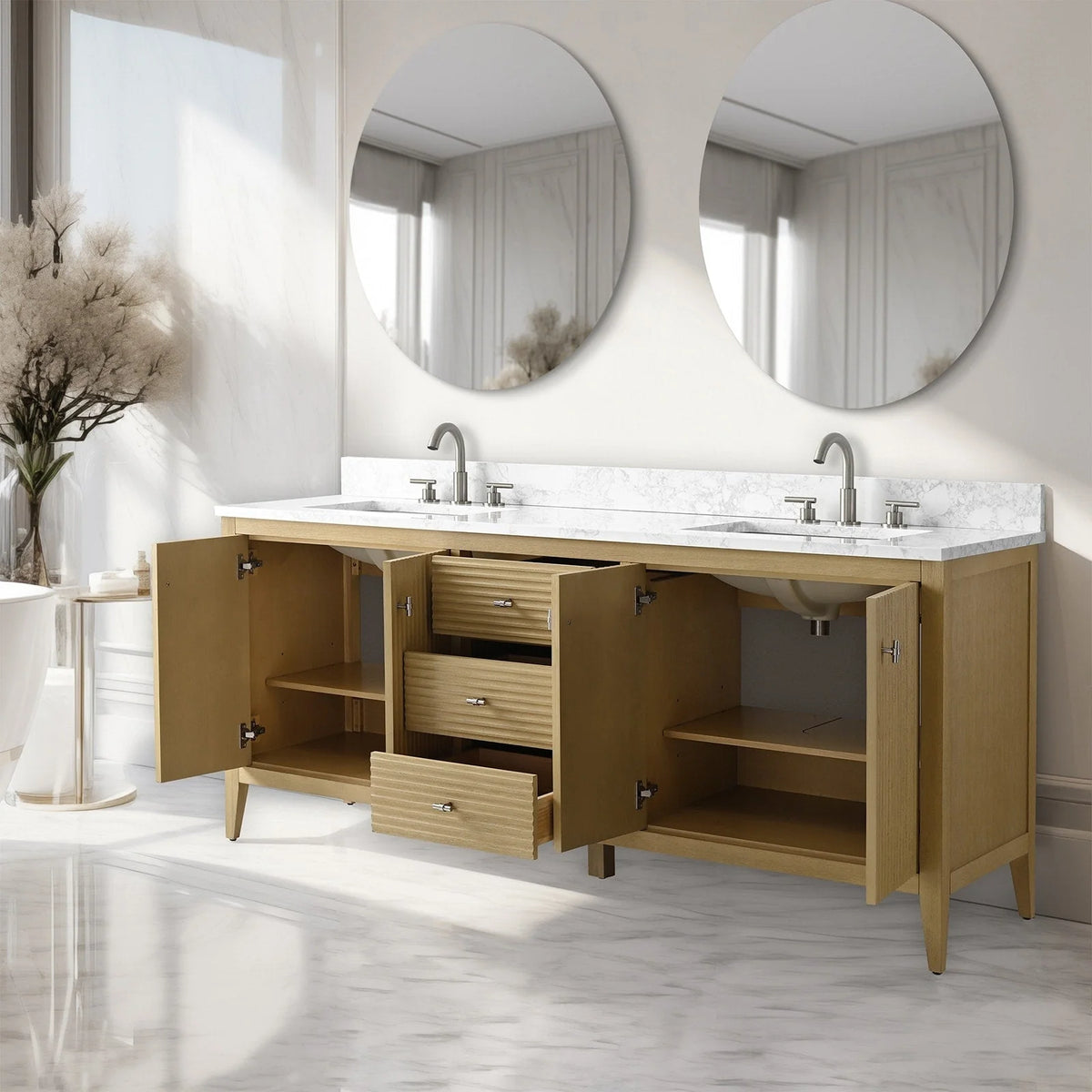Mobile lavabo doppio Vanity Art 72 per bagno, con top in marmo tecnico